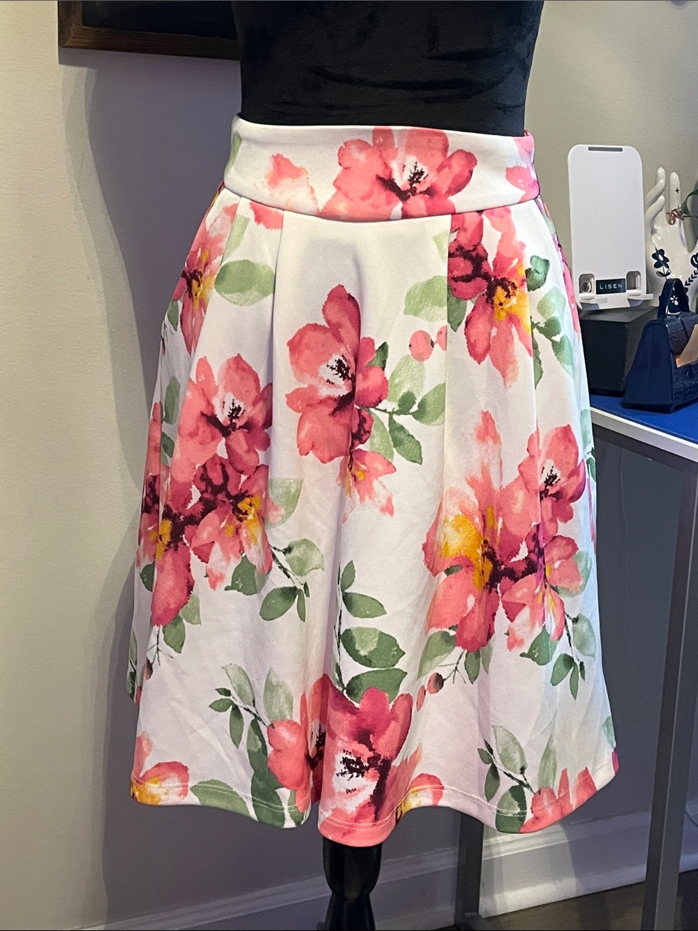 Potter's Pot White A-Line Skirt with Pink and Green Floral Print